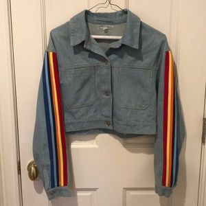 Cropped jean jacket with rainbow detailing on arms